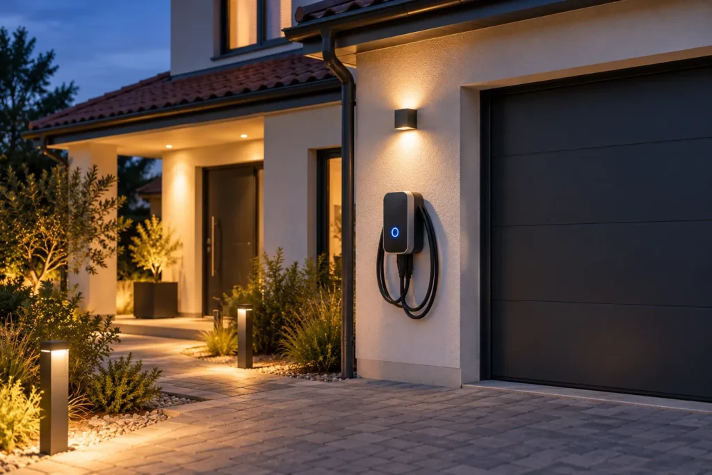 Borne de recharge installée en extérieur sur la façade d’une maison