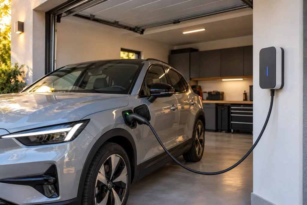Borne de recharge murale pour voiture électrique dans le garage d’une maison