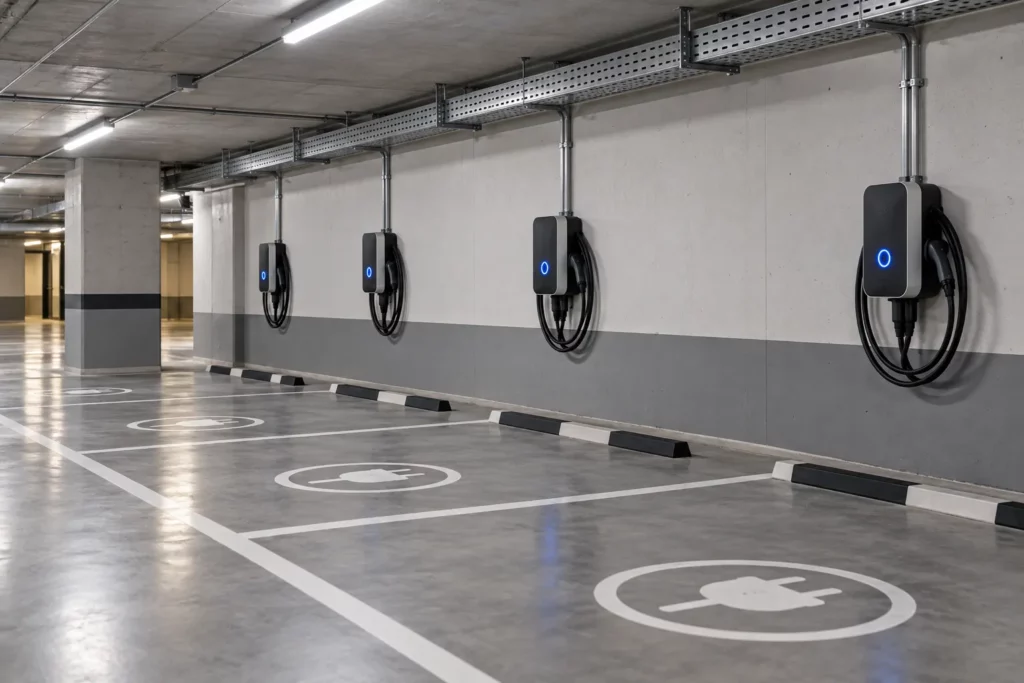 Bornes de recharge dans le parking d’une copropriété
