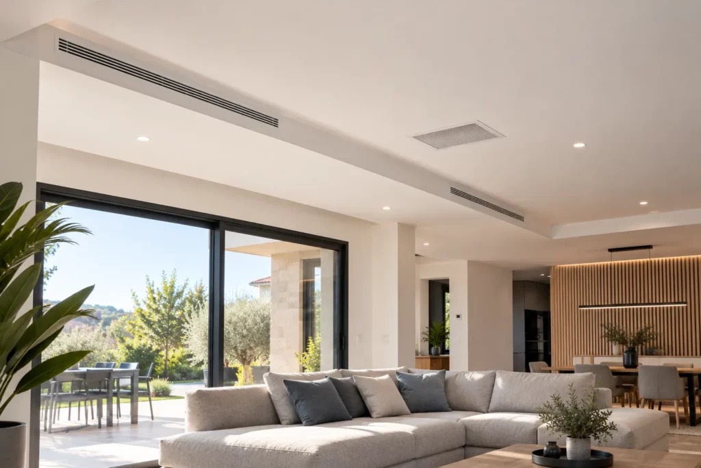 Grilles de soufflage d’une climatisation gainable intégrées au plafond