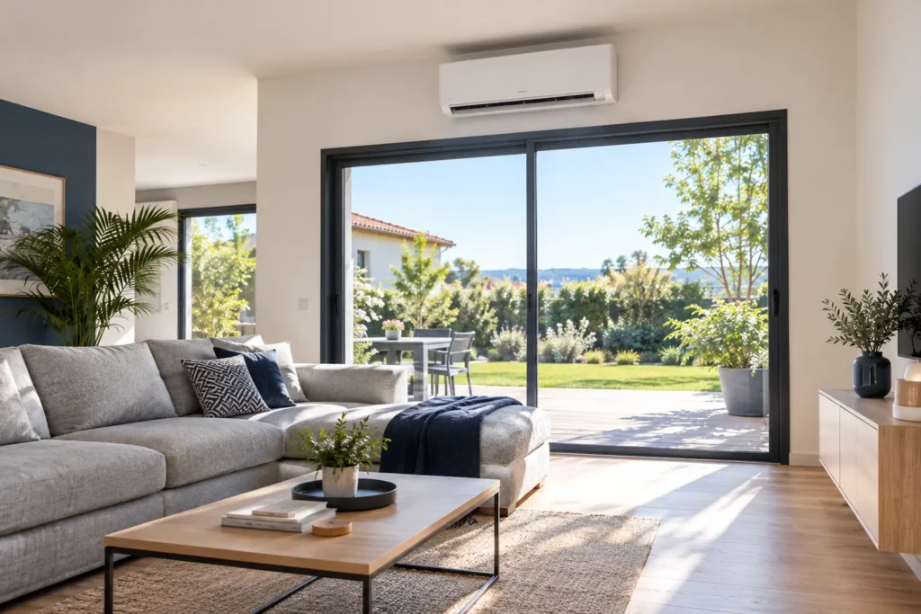 Climatisation murale installée dans le séjour d’une maison