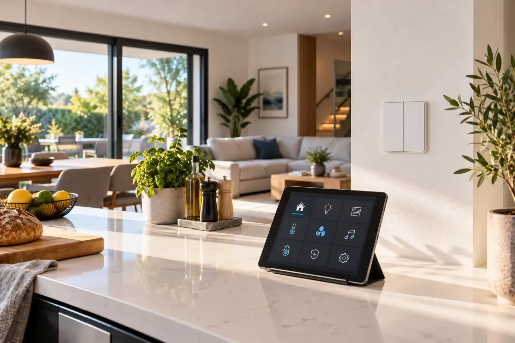 Interrupteur sans fil et tablette de commande domotique dans une cuisine