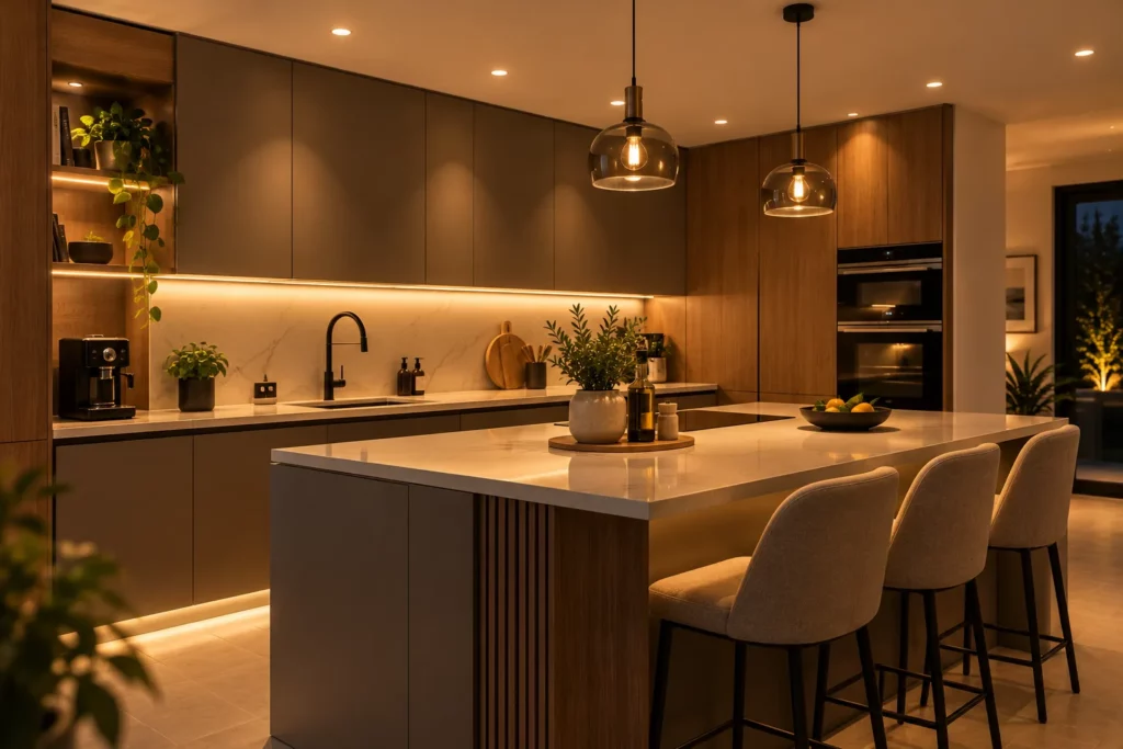 Spots encastrés et éclairage LED sous meubles dans une cuisine