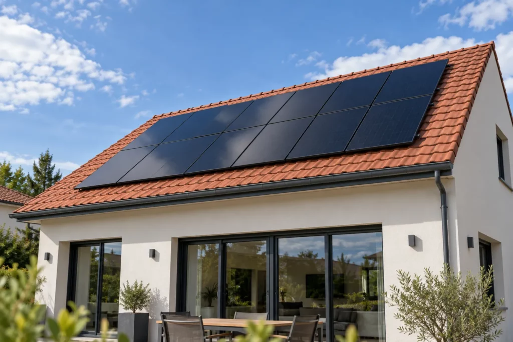 Panneaux solaires en surimposition sur la toiture d’une maison près de Lyon