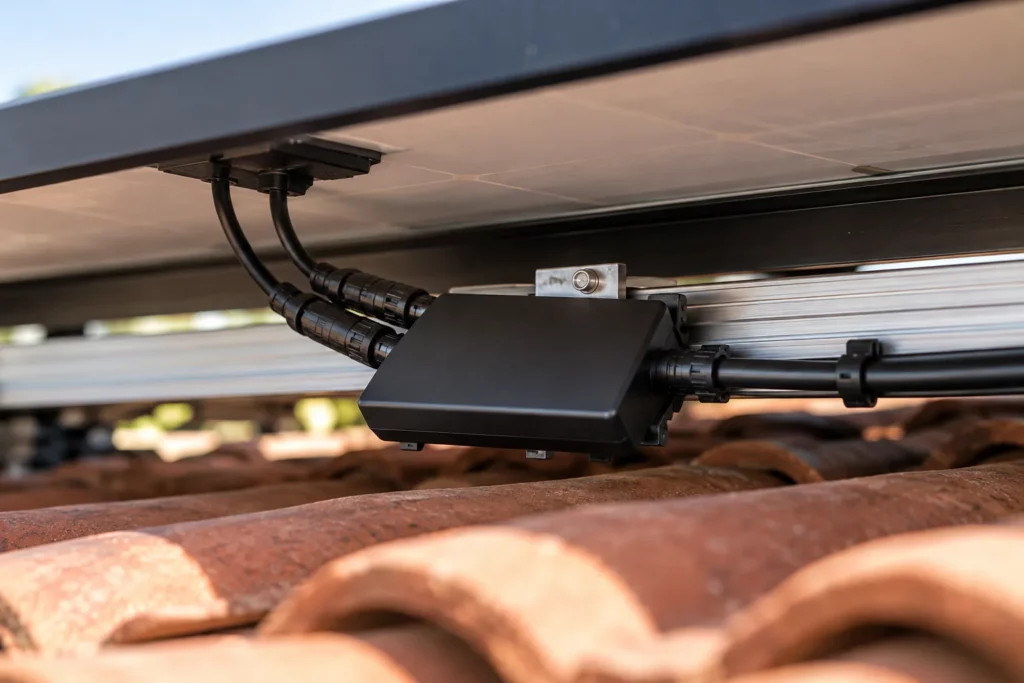 Micro-onduleur fixé sous un panneau solaire en toiture