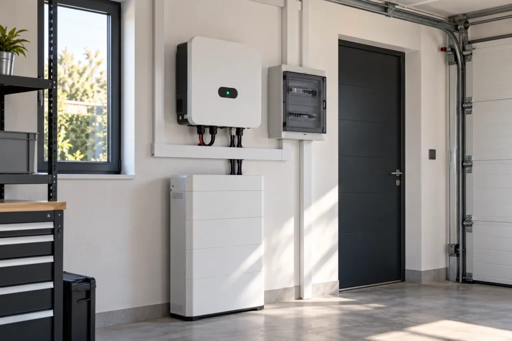 Onduleur et batterie de stockage photovoltaïque installés dans un garage